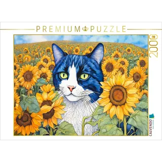 CALVENDO Puzzle Katze im Sonnenblumenfeld | 2000 Teile Lege-Größe 90x67cm Foto-Puzzle für glückliche Stunden