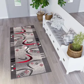 TAPISO Dream Läufer Teppich Meterware Flur Brücke Modern Streifen Bumerang Grau Rot Schwarz Schlafzimmer Wohnzimmer ÖKOTEX 100 x 370 cm
