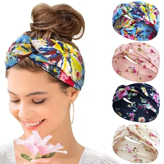 KAVYA 4 Pcs Boho Elastische Weiche Criss Cross Floral Haarbänder Damen Nicht Leicht Abzurutschen, Geeignet für Alltag Yoga Sport Fitness
