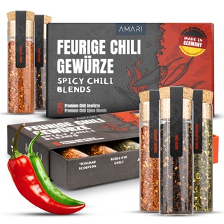 AMARI ® Chili Gewürze Set (bis 700.000 Scoville) - 5 erlesene scharfe Gewürze als Geschenk Geburtstag - Chilli Geschenkset - Gewürze Geschenkset Männer - Chilli Kit