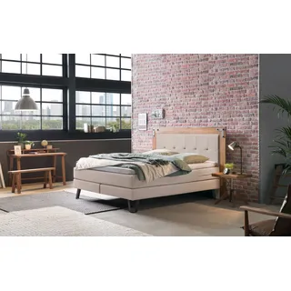 Hasena Oakland, Boxspringbett, Industrial Look, Kopfteil aus Wildeiche, Used-Look beige