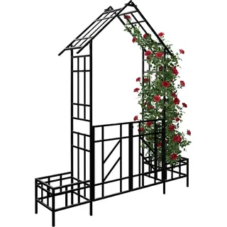 Relaxdays Rosenbogen mit Tür, Blumenkästen, Eingang und Garten, 247 x 204 x 43 cm, Metall, schwarz