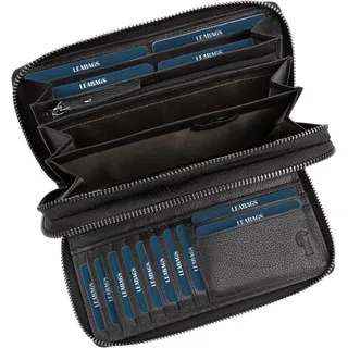 Große Damen Leder Geldbörse mit RFID Schutz, Echtleder XXL Portemonnaie, 29 Kartenfächer, Münzfach, Doppelter Reißverschluss, Nappa Schwarz – Sicher - Schwarz