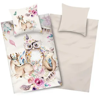 Aminata kids - Mikrofaser Kinderbettwäsche 135x200 Mädchen - Wendebettwäsche mit Eule und REH - Bettwäsche Set mit Reißverschluss - Feder-Motiv - Allergikerfreundlich, Pflegeleicht