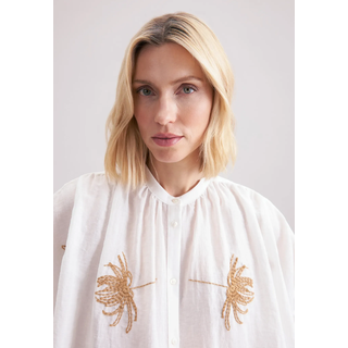 Klassische Bluse SEIDENSTICKER "Schwarze Rose", Damen, Gr. S (36), beige (ecru), 62% Viskose, 25% Polyamid, 13% Leinen, unifarben, oversize, Rundhals, Blusen Klassische Bluse, 1/1 Rundhals Stickerei
