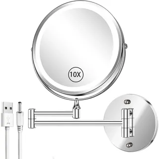 AusDaur Kosmetikspiegel mit Beleuchtung Wandmontage, 8 Zoll 1X/10X Vergrößerungsspiegel mit Licht, 2000mAh Wiederaufladbar, 3 Lichtfarben Dimmbar, 360° Schwenkbar Rasierspiegel Bad Silber