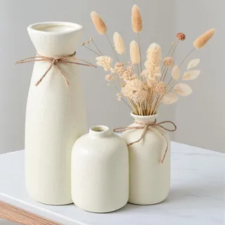 Vankarr Keramikvase Satz von 3, Blumenvase Modern,Vase für Pampasgras, Handgemachte Vase,Moderne Boho Vasen für Wohnungsdeko Hochzeit Dekor(Beige)