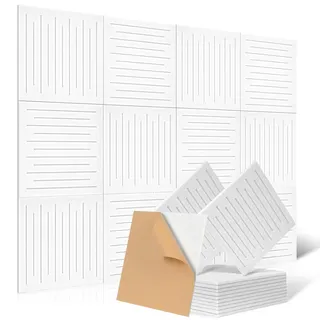 Yrendenge Gestreifte Akustikplatten, 12 Stück Akustikplatten Selbstklebend Schalldichte Akustikpaneele, Hoher Dichte Schalldämmung Wand Panel Schallabsorber Wand für Wohnzimmer Studio Dekor,Weiß
