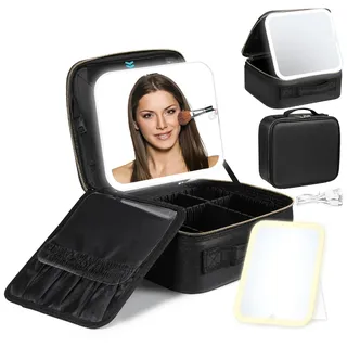 Luxspire Dame Kosmetiktasche mit Spiegel, 3 Farbe LED Licht Schminktasche mit spiegel Reise Makeup Tasche Leder Schminktasche Groß Makeup Bag Kosmetikkoffer für Kosmetika Makeup organizer, Schwarz