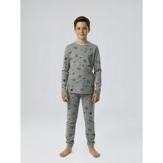 Schlafanzug NAME IT "NKMNIGHTSET GREY SPACE NOOS", Herren, Gr. 86/92, grau melange, Jersey, Obermaterial: 95% Baumwolle, 5% Elasthan, bedruckt, meliert, Basic lang, Rundhals, Homewear-Sets Schlafanzug