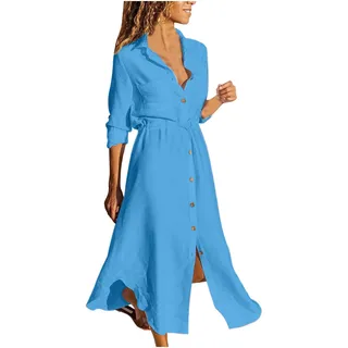 Baumwolle Leinen Sommerkleid Damen Einfarbig Vintage Blusenkleid Revers Hemdkleid Langarm Maxikleid Strandkleid Leinenkleid mit Kordelzug Einreihiges Shirt Kleid Freizeitkleid Große Größen 5XL