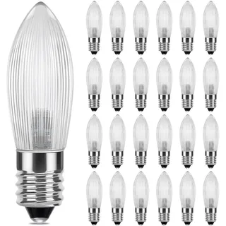 DiCUNO E10 LED Riffelkerze, 25x Spitzkerze, 0,2W ersetzt 1W, 5-55V | E10 Topkerze Warmweiß 2300K, LED Ersatzbirne für Schwibbogen, Lichterbogen, Adventsleuchter, Lichterkette, Fensterdeko