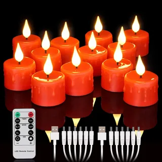 yunsheng 12 Stück Rot Wiederaufladbare Teelichter mit Fernbedienung & Timer | 2/4/6/8H Timer, Aufladbar Flammenlose Flackernde LED Kerzen mit 2 Stück USB-Kabel, 3D- Docht, Warmweißes Licht für Hause Deko
