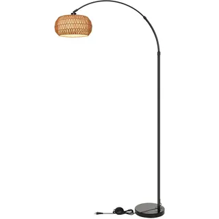 183cm Stehlampe Wohnzimmer Mit Rattan Lampenschirm, Boho Led Stehleuchte Dimmbar Vintage Bogenlampe Industrial Hohe Lampe Schlafzimmer Büro, Schwarz - Schwarz