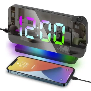 Mapille Projektionswecker, Digitaler Wecker mit 180° Drehbarem Projektor, RGB Nachtlicht, USB C Ladeanschluss, Dimmbar, Schlummerfunktion, LED Digitale Spiegeluhren, Wecker für Schlafzimmer (Schwarz)