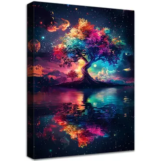Bunter Lebensbaum Leinwand Bilder Mit Rahmen Blau Rot Baum Sternennacht Szene Wandbilder Wandkunst Kosmischer Baum Bild auf Leinwand Malerei Korridor Schlafzimmer Badezimmer Wanddekor 40x60cm