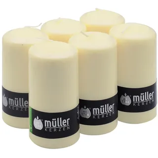 Müller Stumpenkerzen - Set mit 6 Säulenkerzen - Farbe Elfenbein - 68 x 135 mm - Lange Brenndauer: 40 Stunden - Tropffrei Wachskerzen, Ohne Duft - RAL Qualität