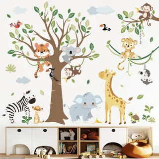 decalmile Wandtattoo Dschungel Waldtiere Große Baum Wandsticker Safari Elefant Giraffe Elephant Wandaufkleber Kinderzimmer Babyzimmer Schlafzimmer Wanddeko