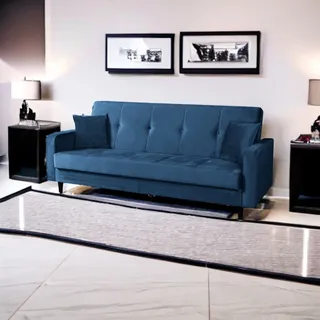 Sofa Luna Schlafsofa im skandinavisches Stil, Couch mit Schlaffunktion und Bettkasten, Polstersofa für Wohnzimmer 213 cm Farbe: Paris 155 – dunkelblau - Blau, Dunkelblau