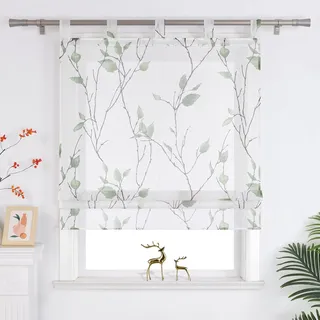 Joyswahl Raffrollo mit Schlaufen Landhausstil Raffgardinen Wohnzimmer Schlaufenrollo Fenster Vorhänge Transparent mit Blatt- und Blumenmuster BxH 120x140 cm Grün 1er Pack