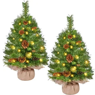 Yaheetech 2er Set Mini Künstlicher Weihnachtsbaum, 61 cm, mit LED & 12 Tannenzapfen - Grün