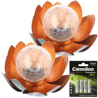 ez solar Dekorative Solar Lotusblüte Metall mit Glaskugel 2x Ersatzakku