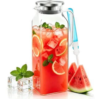 Glaskaraffe 2 Liter, Wasserkaraffe mit Deckel, Karaffe Glas für Kühlschranktür, Wasserkrug Quadratischer mit Becherbürste für Kaltes Heißes Wasser Wein Saft Tee Milch DIY Getränke (Glatte Oberfläche)