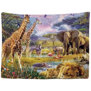 Ulticool - Wandteppich Tapestry Dekoration Wohnung - Safari Tier Natur Giraffen Elefant- 200 x 150 cm groß - Wandtuch Wandbehänge - Accessoires für Schlafzimmer Wohnzimmer Kinderzimmer