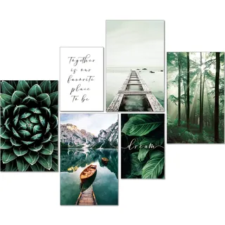 artpin® Moderne Poster Set Natur- Bilder Wohnzimmer Deko Schlafzimmer - Wanddeko Ohne Bilderrahmen Collagen - Wald Holz Grün 4x A4 | 2x A5 W8