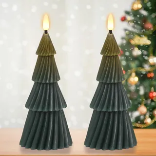 Eldnacele Weihnachtsbaum Spiral-Rockform LED Kerzen mit 6H Timer, 2 Stück flammenlose Stumpenkerzen mit flackerndem 3D Docht, batteriebetriebene grüne Kerzen für Weihnachtsdeko & Geschenke
