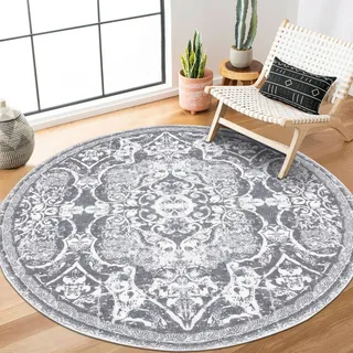 Enyhom Teppich Rund 120cm Boho, Hochflor Küchenteppich Waschbarer Wohnzimmerteppich Extra Weicher Kreis Teppich für Schlafzimmer Esszimmer Studie Kinderzimmer, Grau