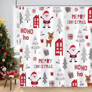 COZZSNUGE Duschvorhang 180 x 180 cm Weihnachten, Weihnachtsmann Weihnachtsbaum Rentier Winter Duschvorhänge Anti-schimmel Wasserdicht Polyester Stoff Badvorhang mit 12 Duschvorhangringen