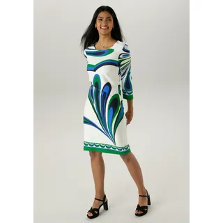 Jerseykleid ANISTON SELECTED, Damen, Gr. 36, N-Gr, bunt (weiß, marine, grün, royalblau, dunkelgrün, hellblau), Milano Rib, Obermaterial: 70% Viskose, 25% Polyester, 5% Elasthan, bedruckt, gemustert, figurumspielend kniefrei, Rundhals, Kleider Jerseykleid, mit fantasievollen Alloverprint