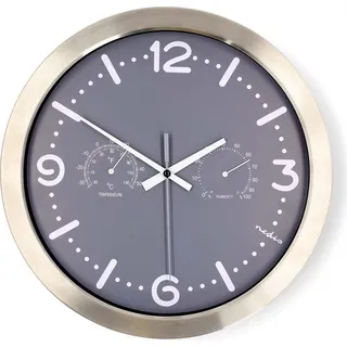 Nedis Wanduhr - Durchmesser: 300 mm - Edelstahl - Leise Bewegung - Thermometer (Temperatur) - Hygrometer - Grau / Metall - Grau