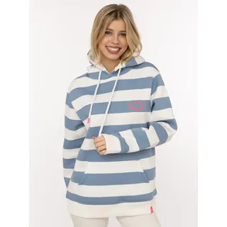Hoodie ZWILLINGSHERZ "Streifen Smile Everyday", Damen, Gr. L/XL, jeans, Sweatware, Obermaterial: 50% Baumwolle, 50% Polyester, Sweatshirts Hoodie, Blockstreifen, pinke Stickerei, Kängurutasche, Kapuze