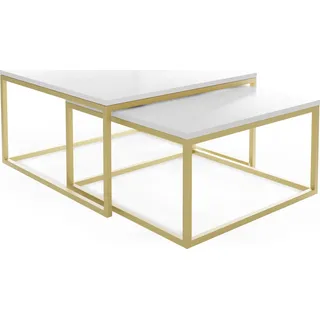 Rechteckige Quadratische Satztische Couchtische mit Gold Gestell - Loft Style Couchtische Metallbeine - 2 in 1 - Zwei Industrielle Getrennte Tische für Wohnzimmer - Weiß - Weiß