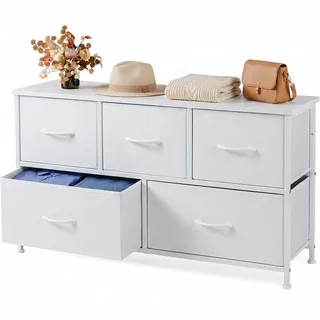 DUMOS Kommode mit Schubladen - Kommoden & Sideboards für Schlafzimmer Geeignet, Komodenschrank mit 5 Schubladen, Stoffkommode mit Stahlrahmen, Schrank Klein, Ideal für Flur, Wohnzimmer (Weiß)