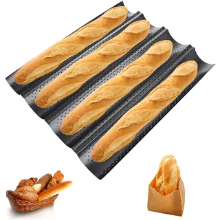 ASelected Baguette Backblech Baguetteblech mit Antihaftbeschichtung Baguette Backform für 4 Baguettes Brotbackform Backform Gelocht Baguetteblech Brötchen mit 4 Mulden