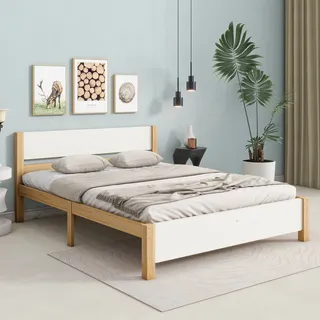 MODFU Holzbett 140 x 200 Kopf- und Fußteil aus MDF, Bettgestell im Landhausstil, Kinderbett, Jugendbett, Gästebett, Bettgestell aus Kiefernholz,Holz