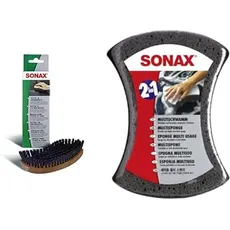 SONAX Textil+LederBürste (1 Stück) Trocken- und Feuchtreinigung von Textilien & MultiSchwamm (1 Stück) besonders saugstarker Alleskönner