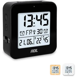 ADE Funkwecker digital mit Batterie | 2 Weckzeiten | Temperaturanzeige | Luftfeuchtigkeit | Reisewecker | Funkuhr mit DCF Zeitsignal | Schlummerfunktion | schwarz