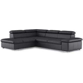 CAVADORE Echtleder-Schlafcouch Valerie mit Ottomane / Ecksofa mit Bettfunktion + Kopfteilverstellung / 272 x 73 x 226 / Leder Schwarz