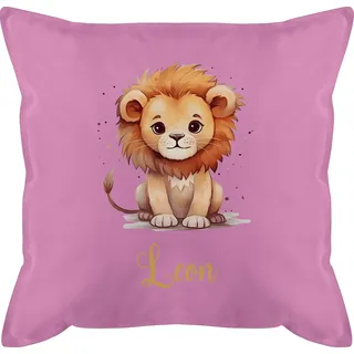 Kissen 50x50 - Süßer Löwe mit Name personalisiert I Löwen Geschenk I Zootiere I König der Tiere I LEU - 50 x 50 cm - Pink - personalisiertes Kinder kinderkissen Kindergarten löwenmotiv Leon
