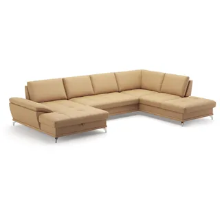 Cavadore Wohnlandschaft Castiel mit Federkern / Sofalandschaft mit XL-Longchair, Sitztiefenverstellung, satinierten Metallfüßen / 363 x 89 x 223 / Echtleder, Beige