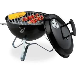 Relaxdays Kugelgrill, tragbar, Ø 37 cm, Picknickgrill für Garten & Park, Holzkohlegrill mit Deckel, Rundgrill, schwarz