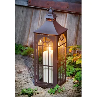große Laterne aus Metall & Glas, 45 cm hoch, Outdoor Gartenlaterne, braun | Hängelaterne, Windlicht, Kerzenlaterne, Garten-Deko für Draußen