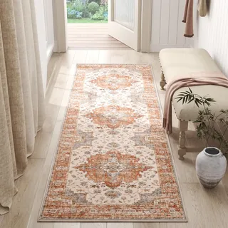 TOPICK Läufer Flur Waschbar Küche Läufer Kurzflor Retro Ziegelrot Orientalischer Teppich 60x150cm Antibakterieller Faltbar rutschfest Teppich für Brücken Schlafzimmer Wohnzimmer Flur Eingangsbereich