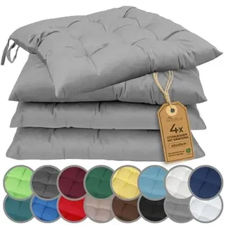 NatureMark 4er Set Stuhlkissen mit Bändern 40x40 cm – Gefüllte Sitzkissen, Outdoor & Indoor – Silber grau