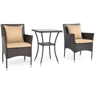 FANTASK 3-Teilige Rattan Gartenmöbel, Balkonmöbel Set mit 2 Sessel, Glastisch & Kissen, Terrassenmöbel für 2 Personen, Lounge Möbel für Garten, Veranda, Poolbereich (Mix Braun+Beige)