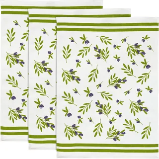 Erwin Müller Geschirrtuch, Küchentuch, Trockentuch im 3er-Pack mit Druckmotiv Oliven Größe 50x70 cm - strapazierfähig, saugstark, 100% Baumwolle